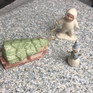 3 piece set baby in the snowsuit pulling sled with Christmas tree hand painted